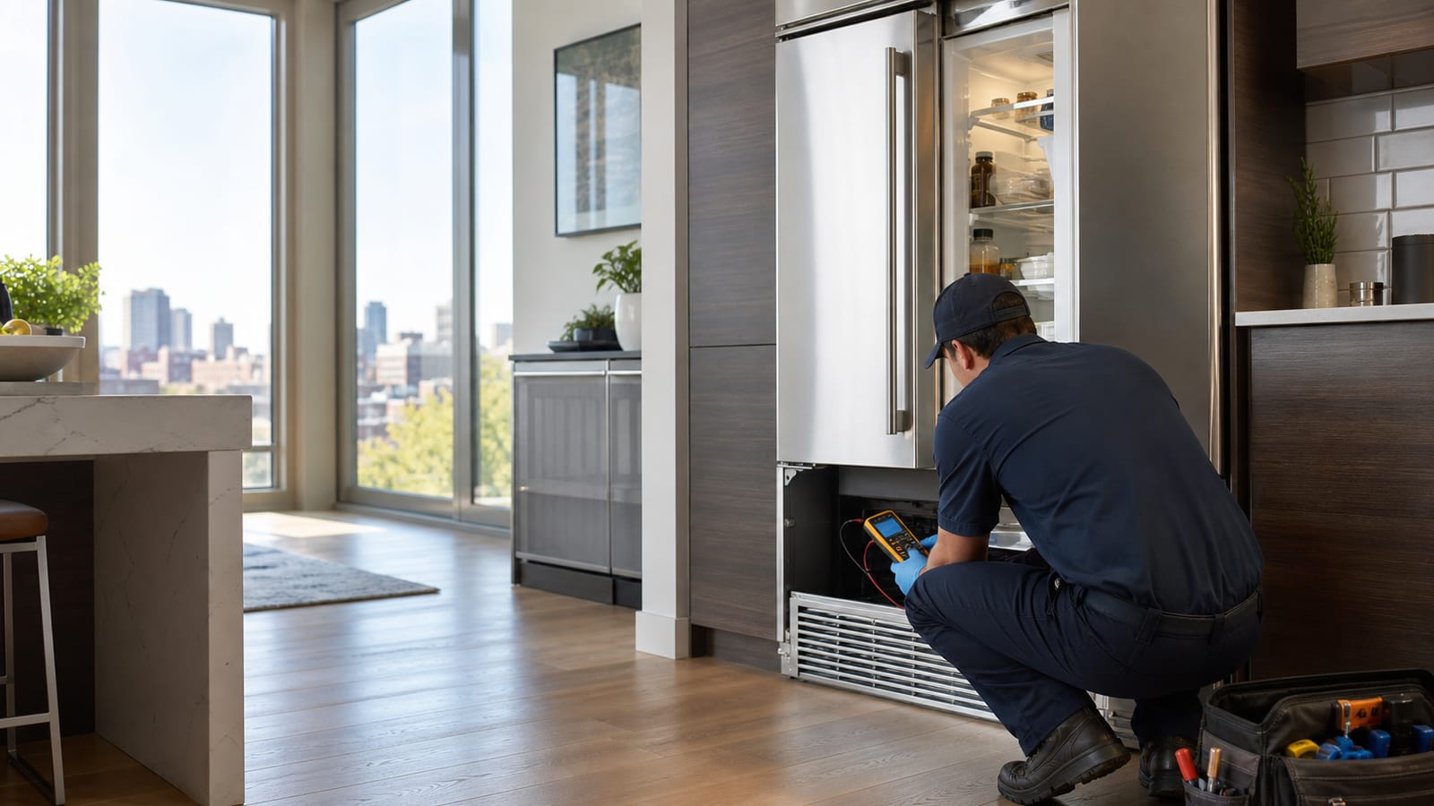 Denver technician diagnosing a built-in refrigerator in a modern kitchen