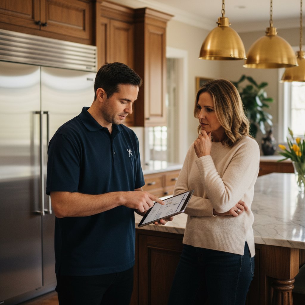 Technician explaining Sub-Zero repair to Denver homeowner